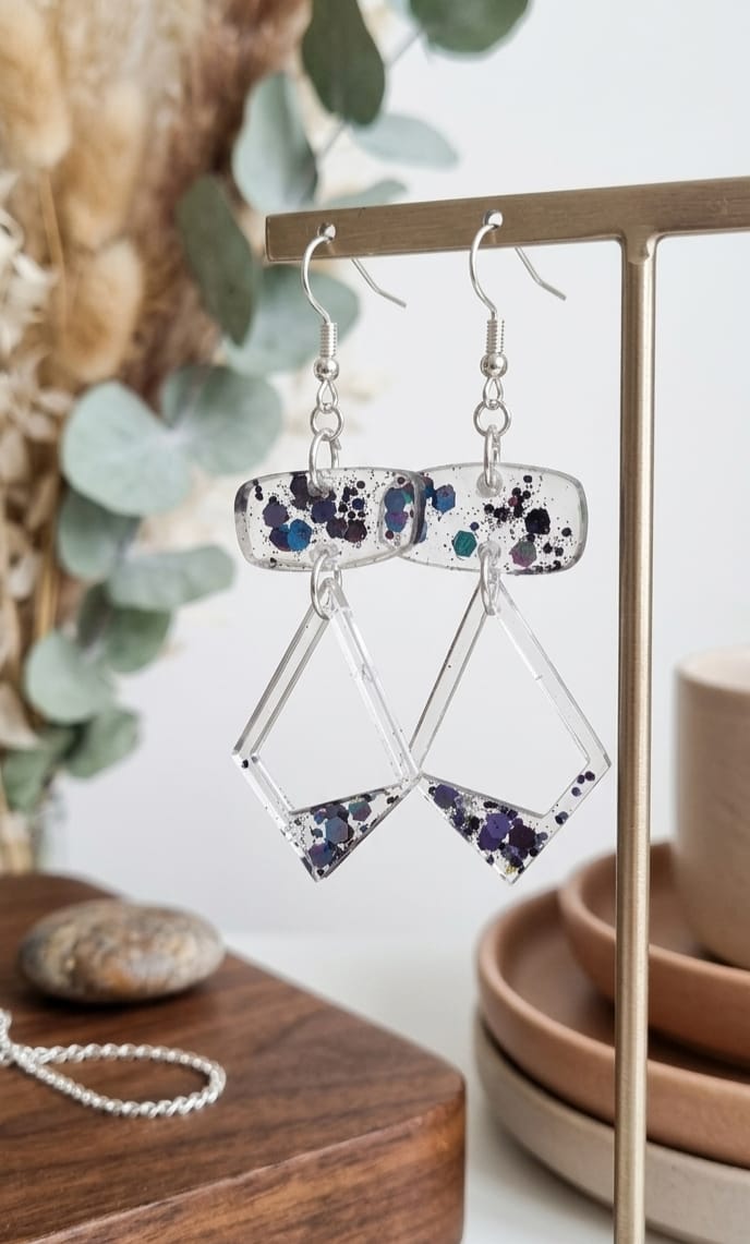 Boucles d'oreilles géométriques pailletées noires et argentées