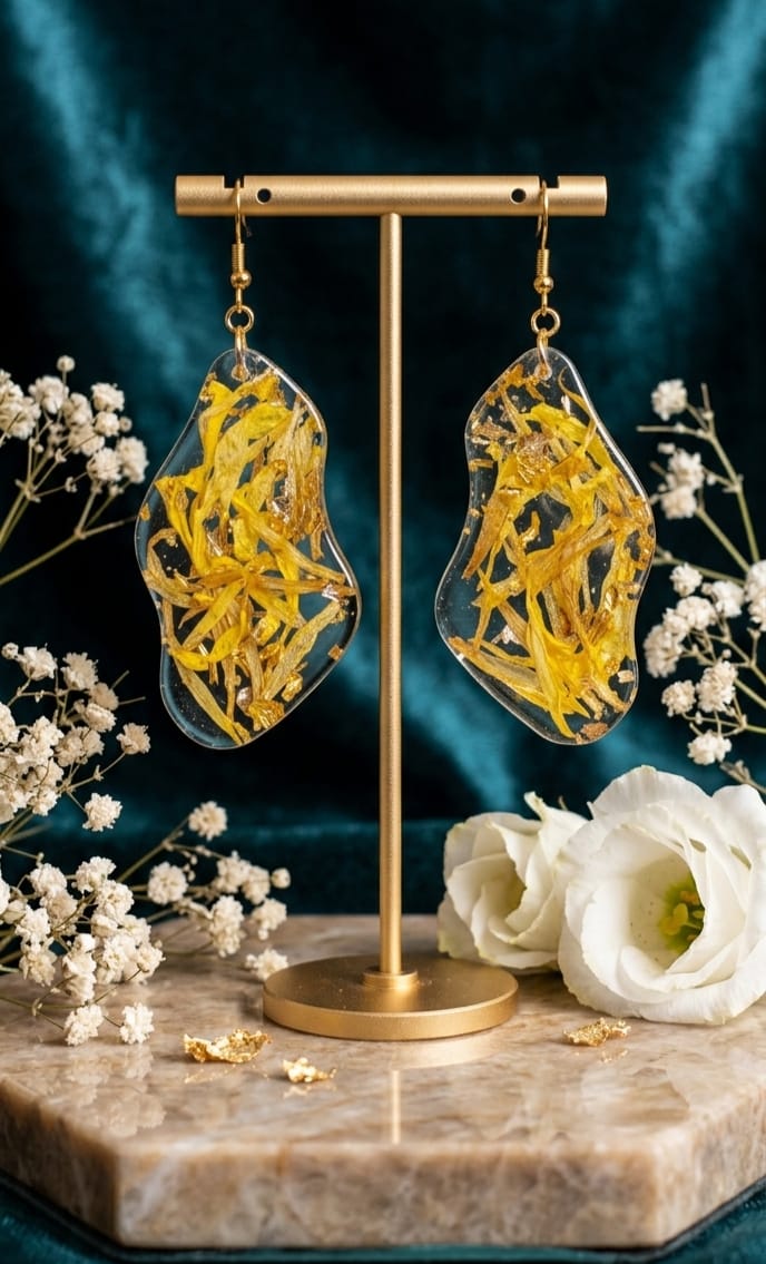 Boucles d'oreilles herbier jaune sur fond bleu nuit