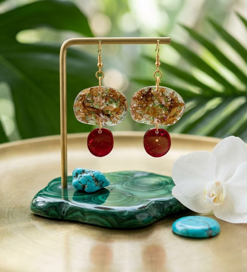 Boucles d'oreilles herbier doré à perle rouge