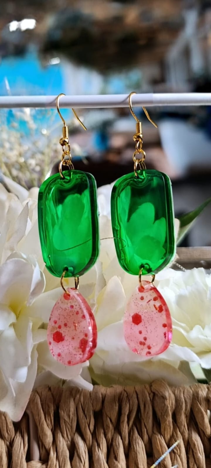 Boucles d'oreilles vert et rose